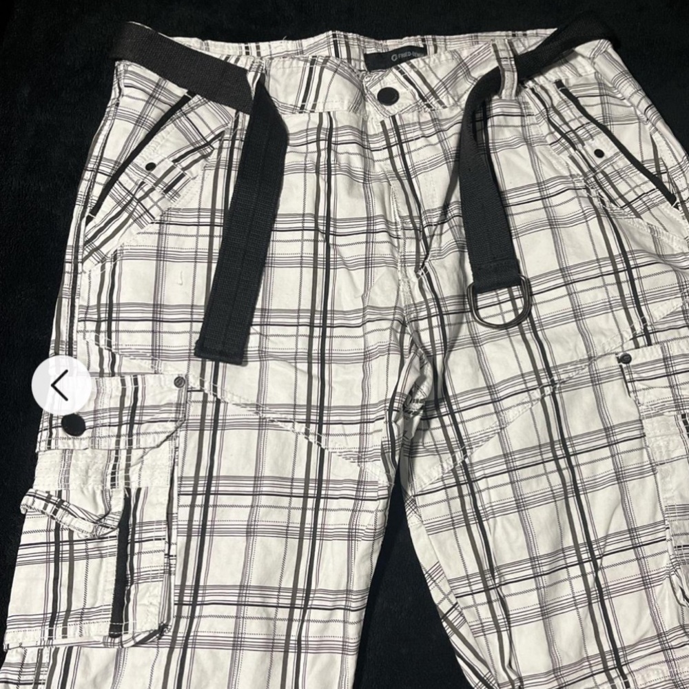 Old Navy white cargo shorts with gray plaid